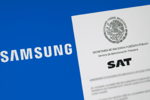 Oficinas de Samsung México con bandera mexicana y documentos fiscales del SAT