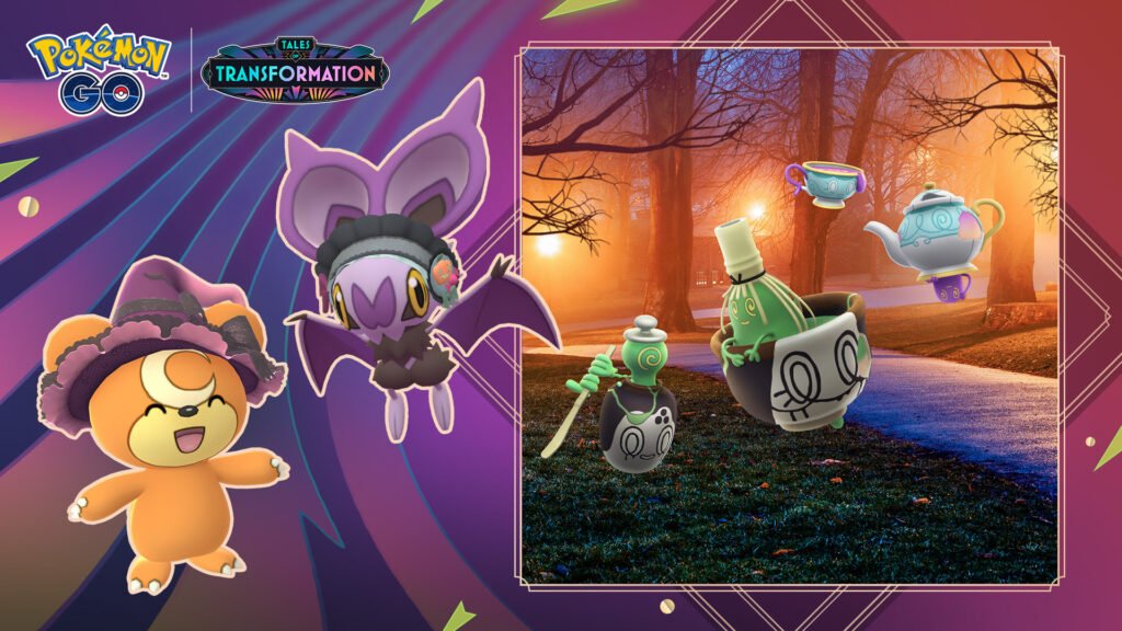 Pantalla de Pokémon GO con Poltchageist y Sinistcha durante el evento de Halloween.