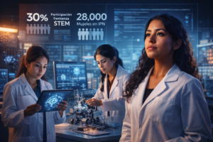 Estudiantes mujeres del IPN trabajando en laboratorio tecnológico con datos STEM en México