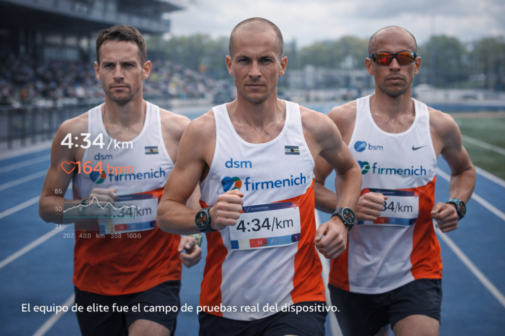 Atletas del equipo dsm-firmenich entrenando con smartwatch Huawei