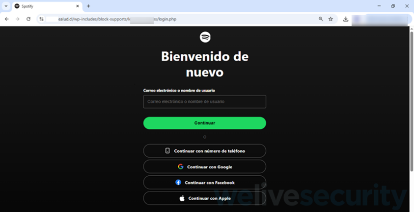 Ejemplo de phishing de Spotify solicitando credenciales y datos financieros
