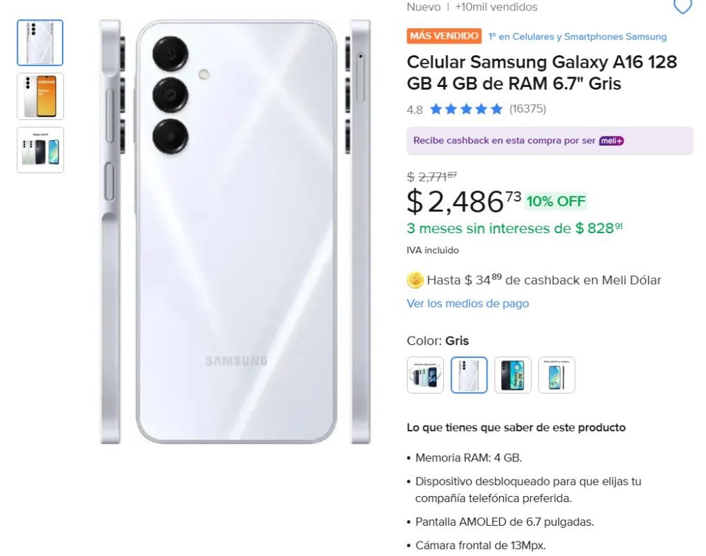 Samsung Galaxy A16 barato pantalla AMOLED oferta Mercado Libre th1nk deals