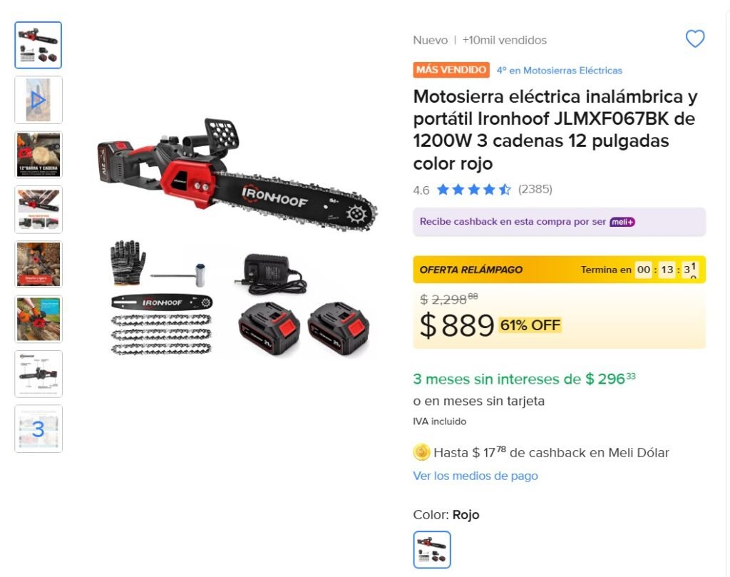 motosierra electrica inalambrica ironhoof 1200w con bateria y cadenas