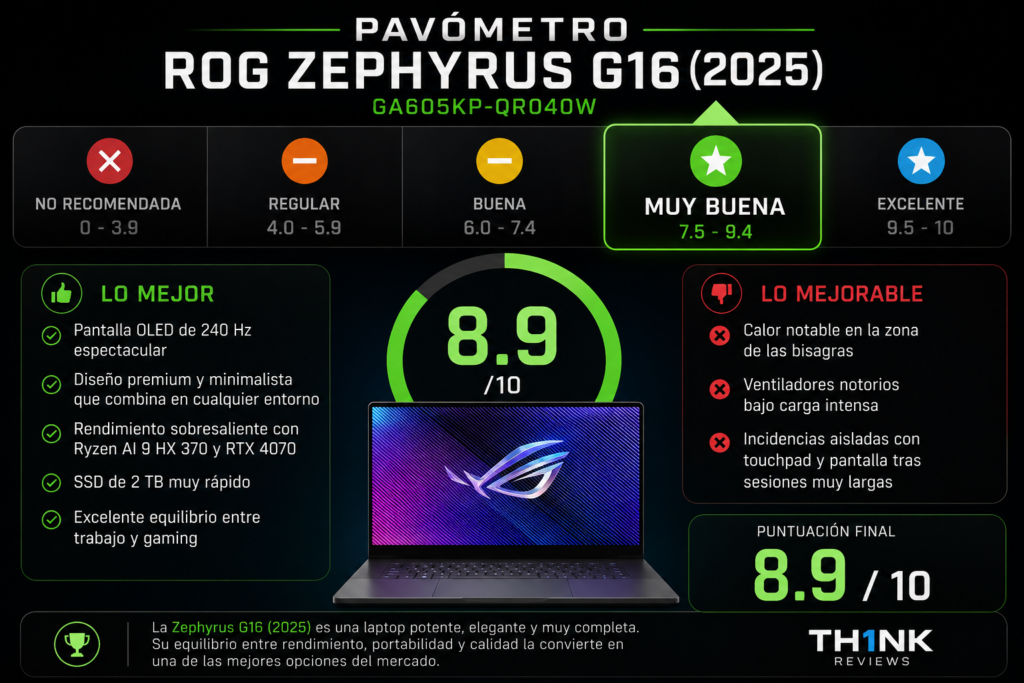 Pavómetro Zephyrus G16 con calificación de 8.9 sobre 10 en TH1NK Reviews