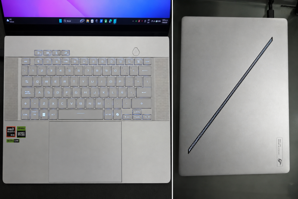 Vista del teclado retroiluminado y la tapa de la ASUS ROG Zephyrus G16 2025 con diseño minimalista en color gris.