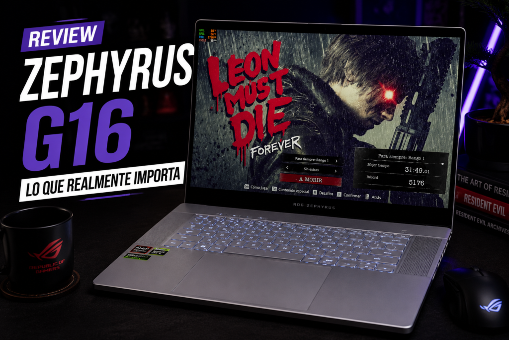 ASUS ROG Zephyrus G16 (2025) ejecutando Resident Evil 9 Requiem durante nuestra review, destacando su diseño premium y rendimiento gaming.