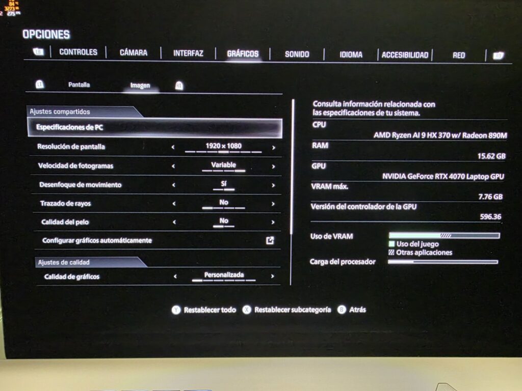 Configuración gráfica de Resident Evil 9 Requiem en la ASUS ROG Zephyrus G16 con procesador AMD Ryzen AI 9 HX 370 y RTX 4070 Laptop GPU.