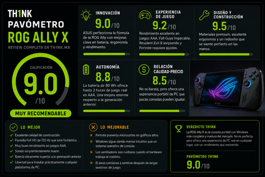 Pavómetro TH1NK con la calificación final de la ROG Ally X, evaluando diseño, rendimiento, autonomía, experiencia de juego y relación calidad-precio.