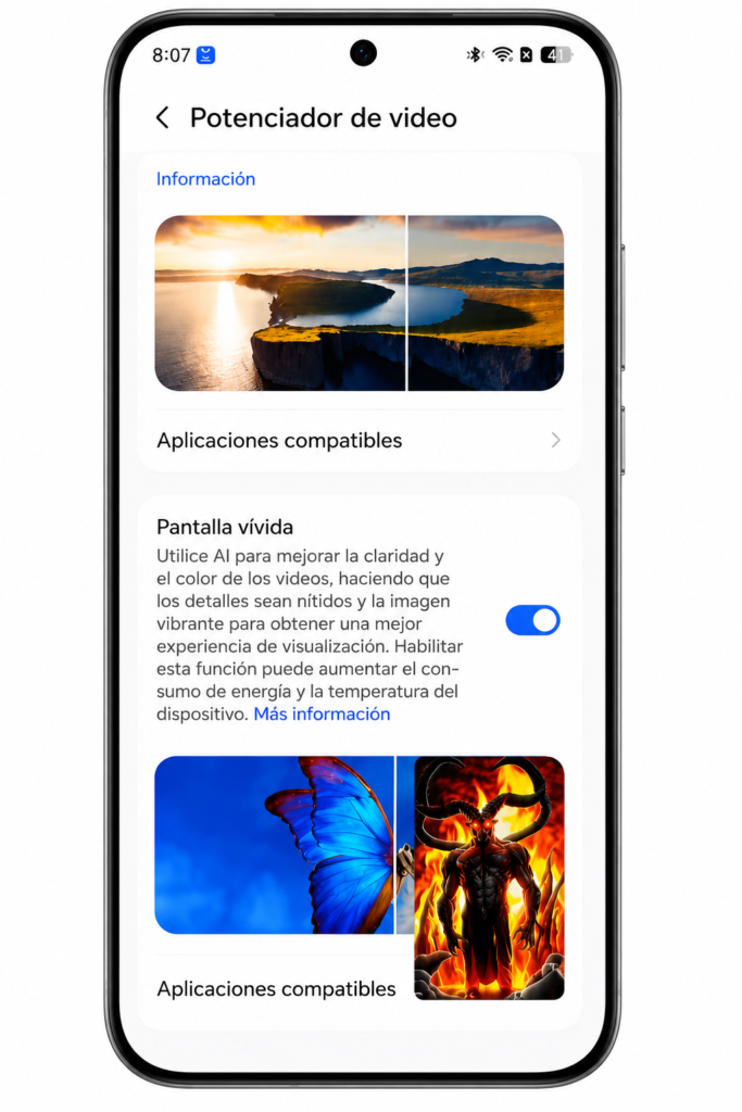 Interfaz de MagicOS 10 mostrando el potenciador de video con inteligencia artificial para mejorar automáticamente la calidad, el color y la claridad de los videos en el HONOR 600.