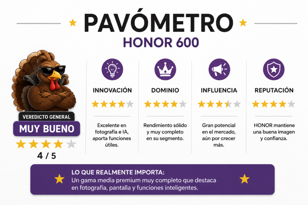 Pavómetro del HONOR 600 con estrellas para innovación, dominio, influencia y reputación, además de un veredicto general de 4 sobre 5.
