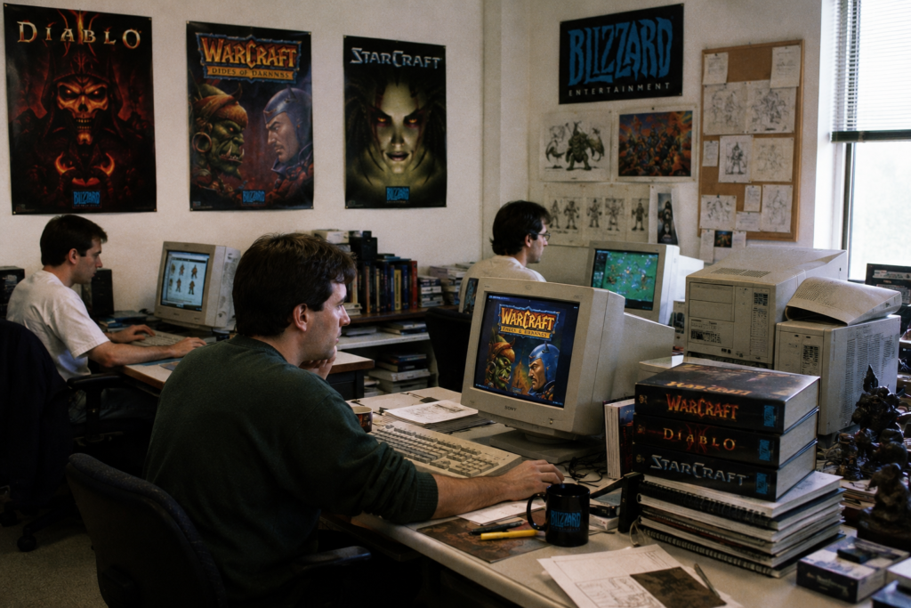 Equipo de Blizzard Entertainment durante el desarrollo de Warcraft y los primeros videojuegos que impulsaron el crecimiento del estudio.