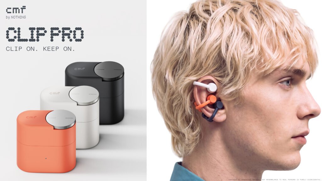 Persona utilizando los audífonos CMF Clip Pro con diseño open-ear