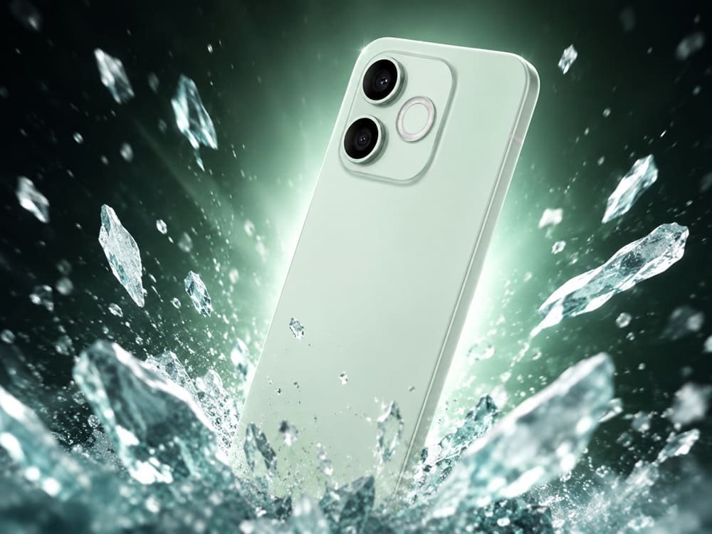 Smartphone verde con doble cámara rodeado por fragmentos de cristal