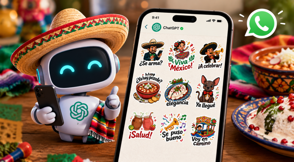 ChatGPT mostrando stickers mexicanos para WhatsApp en un teléfono