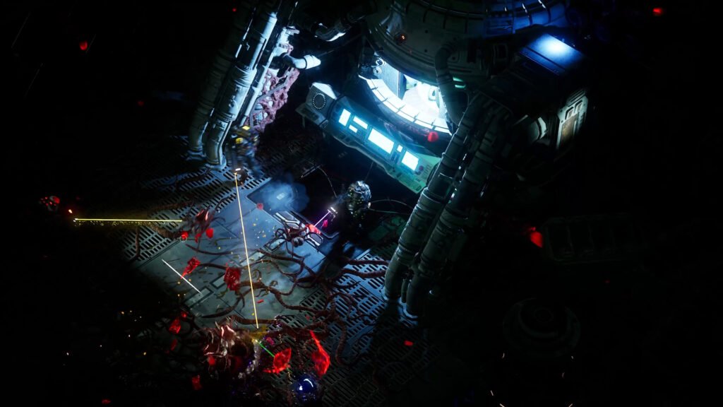 Dos personajes de DarkSwarm disparando contra enemigos desde una vista cenital