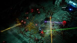 Equipo de DarkSwarm disparando rayos de energía de diferentes colores contra enemigos