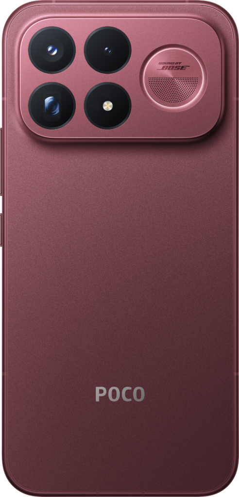 Poco F9 Ultra en color Cereza oscuro visto desde atrás con módulo de cámaras