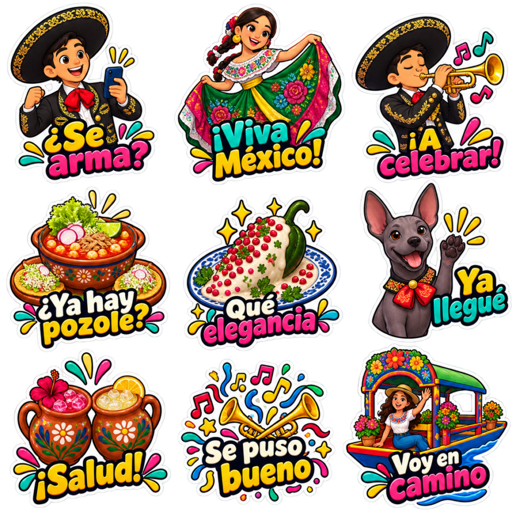 Nueve stickers mexicanos para WhatsApp con personajes, comida y frases patrias