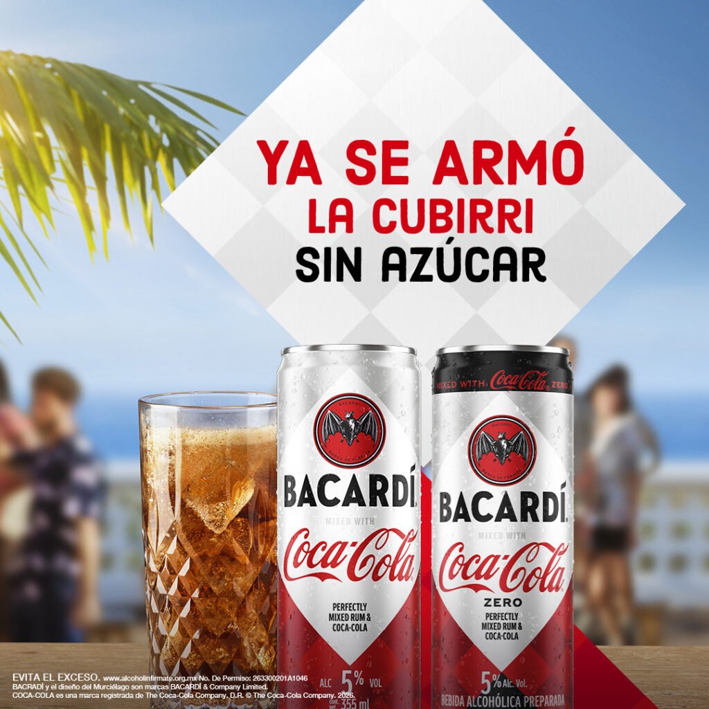 Primer plano de la lata de Bacardí & Coca-Cola Zero mostrando los logotipos de ambas marcas y su formato de 355 ml.