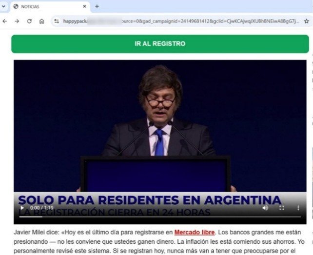 Captura de pantalla de un sitio web fraudulento que utiliza un video manipulado con la imagen de Javier Milei para promover estafas de inversión.