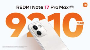 REDMI Note 17 Pro Max visto por la parte trasera junto a su batería de gran capacidad