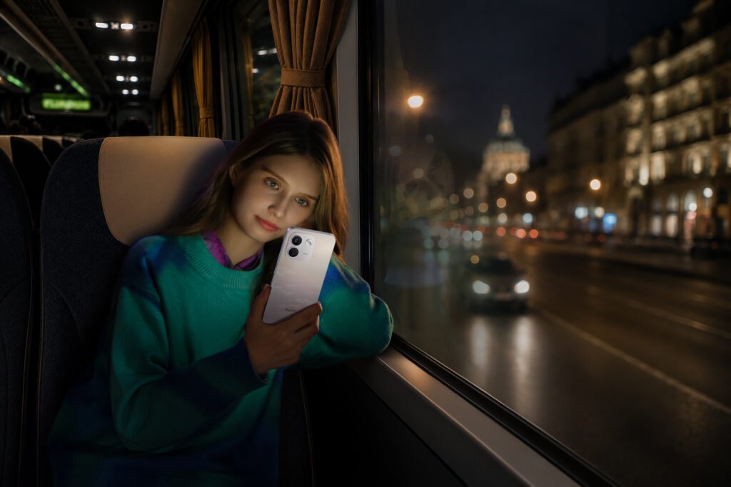 Mujer utilizando un REDMI Note 17 durante un trayecto en autobús